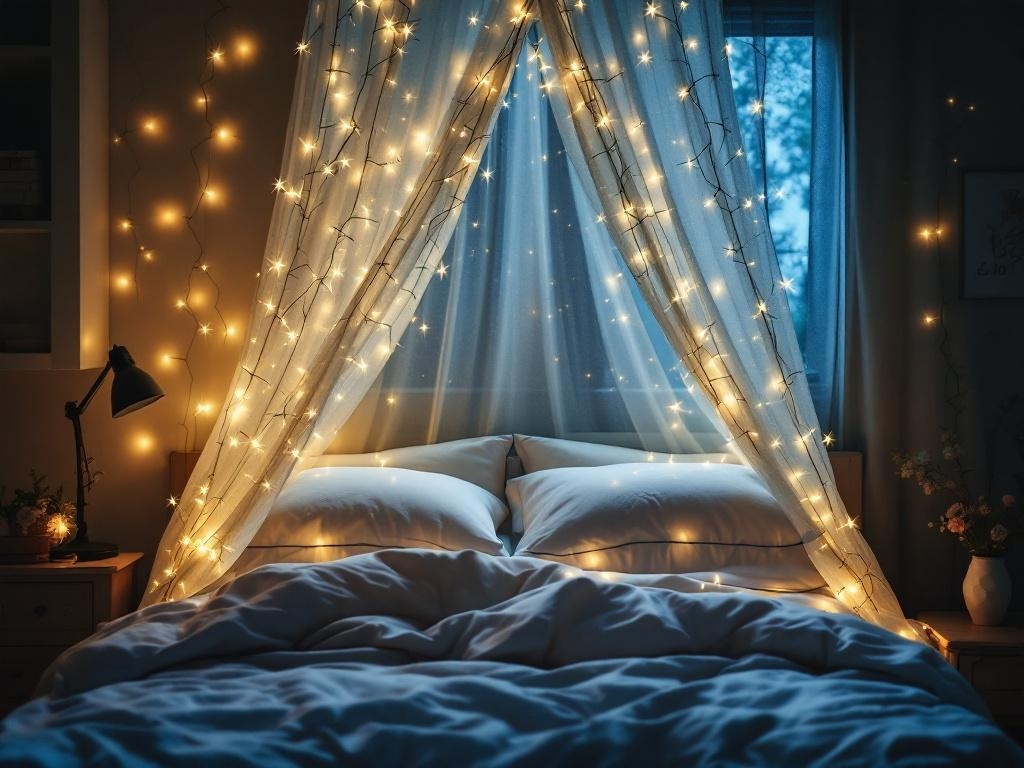 A cozy bedroom with a fairy light canopy over the bed, creating a warm and inviting atmosphere.