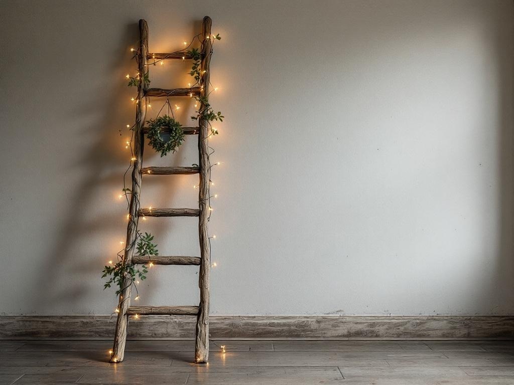 A rustic wooden ladder decorated with fairy lights and greenery against a plain wall.