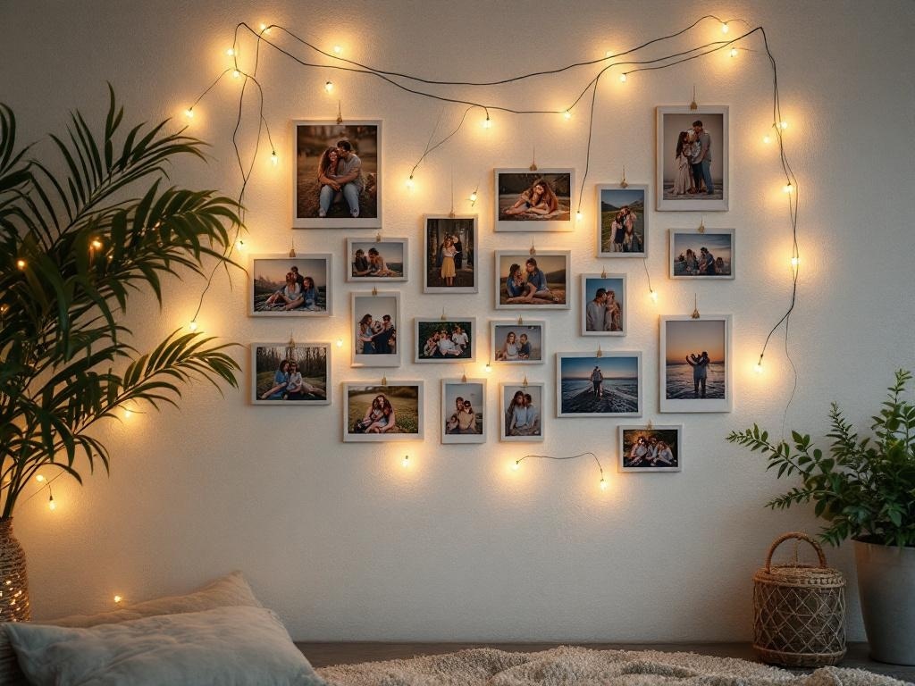 A cozy bedroom wall decorated with framed photos and fairy lights