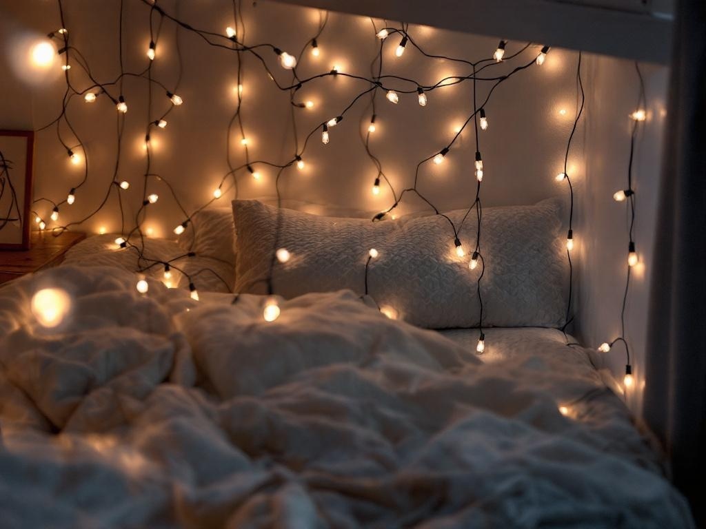 A cozy bedroom with fairy lights draped across the ceiling, illuminating a bed with soft bedding.