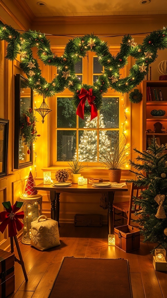 Cozy winter room decorated with fairy lights and festive decor