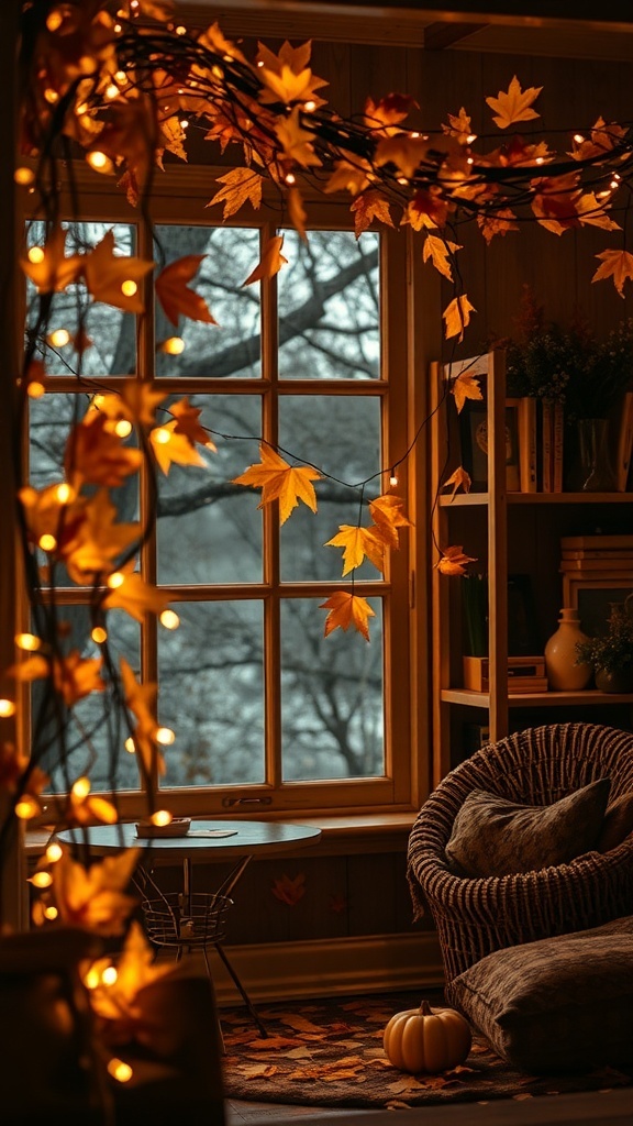 Cozy indoor setting with fairy lights and autumn leaves, creating a warm atmosphere