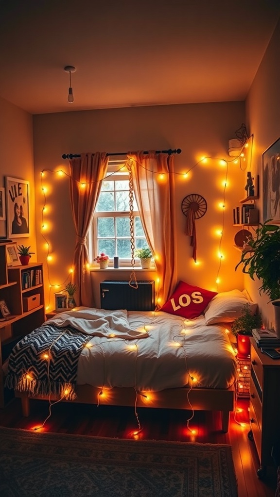 A cozy boho dorm room with fairy lights illuminating the walls and window, creating a warm atmosphere.