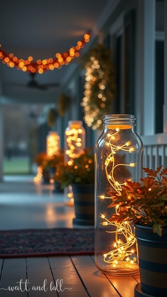 Glass jars filled with fairy lights on a porch, surrounded by potted plants