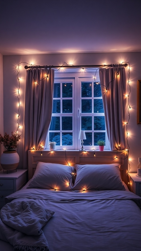 A cozy bedroom with fairy lights draped around the window and bed.