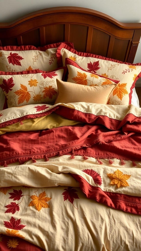 Cozy fall-inspired bedding with leaf patterns in warm colors