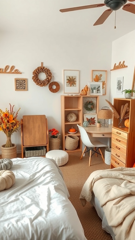 A cozy fall-themed bedroom with warm colors, decorative pumpkins, and autumn-inspired artwork.