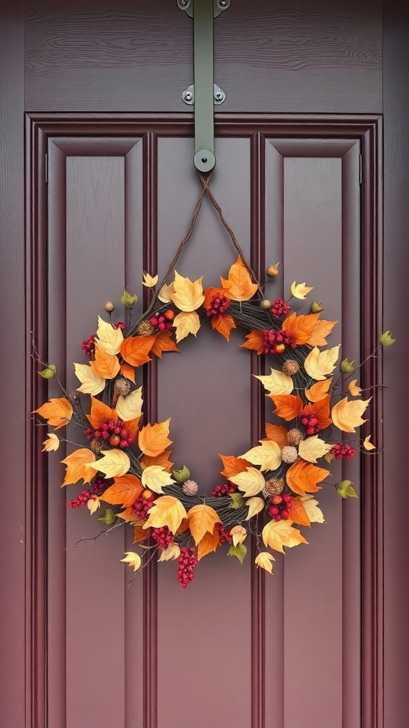 A fall-inspired wreath with orange and yellow leaves, berries, and natural elements hanging on a burgundy door.