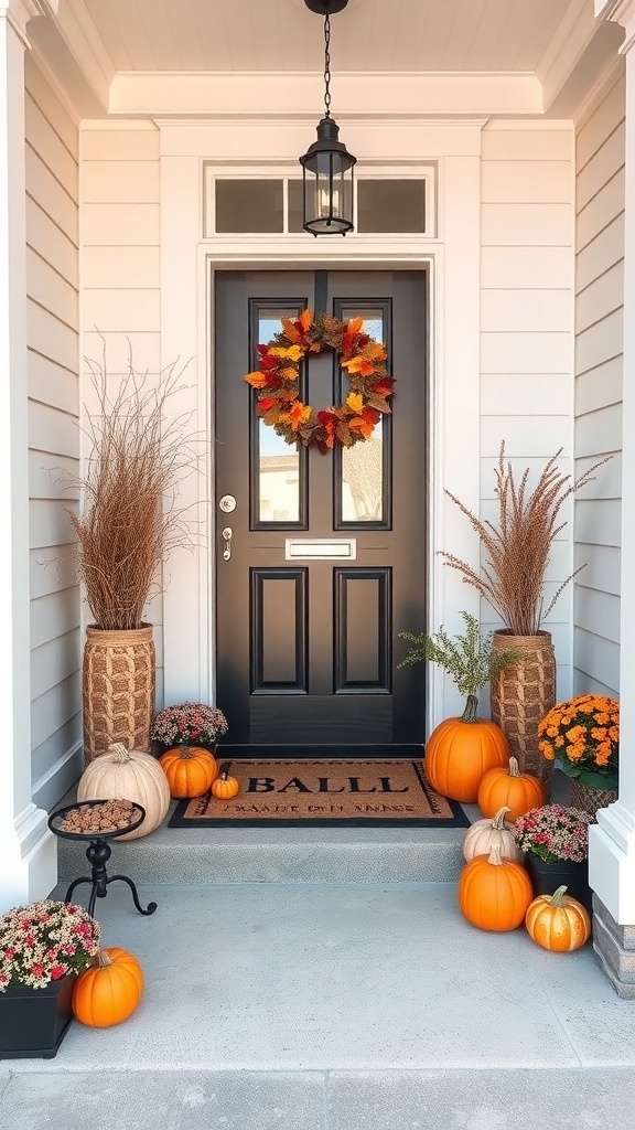 A fall-inspired entryway featuring a black door, colorful wreath, pumpkins, and floral arrangements.