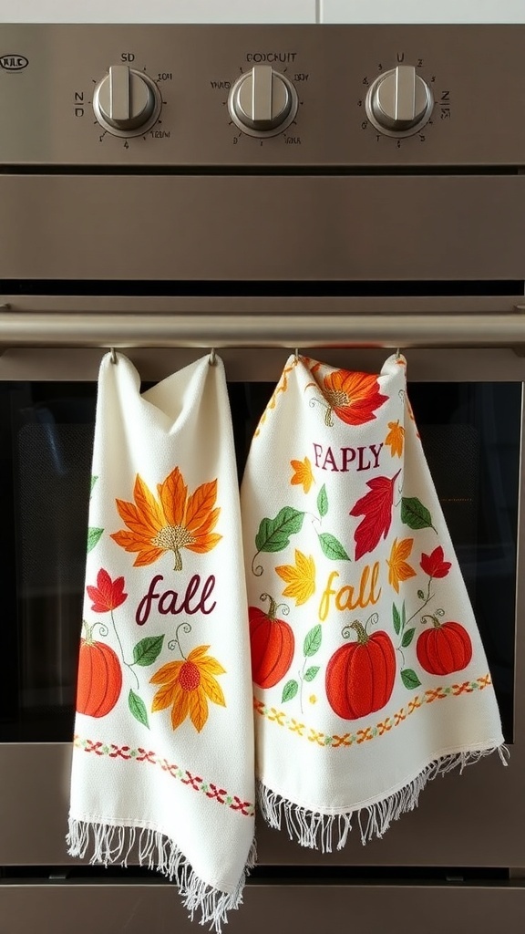 Two fall-themed tea towels hanging on an oven, featuring autumn leaves and pumpkins.