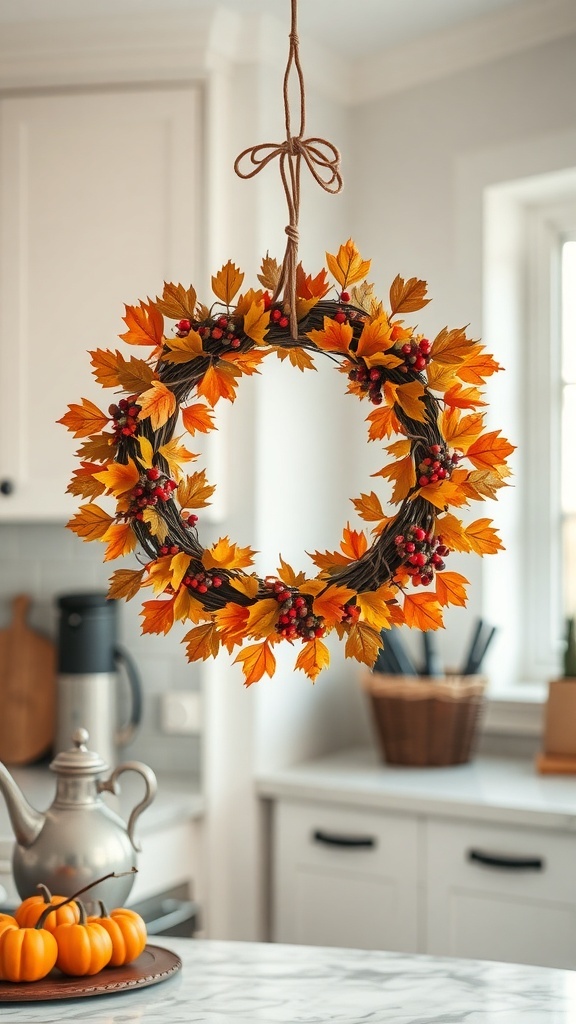 A fall-inspired wreath made of orange leaves and red berries, hanging in a kitchen.