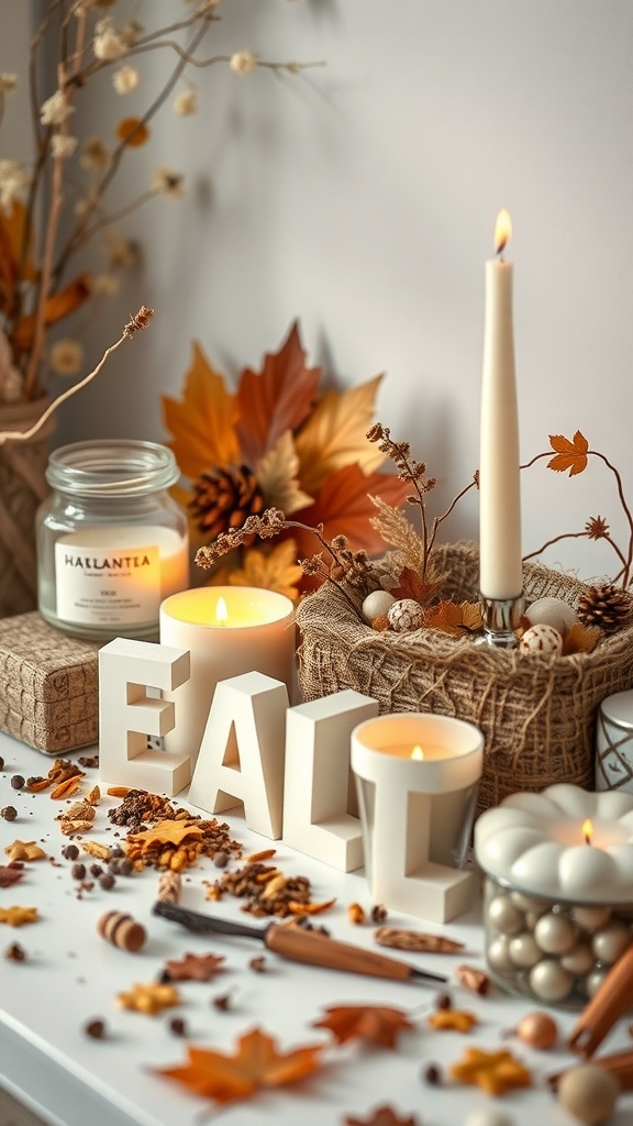 A cozy fall decor arrangement featuring candles, autumn leaves, and decorative elements.