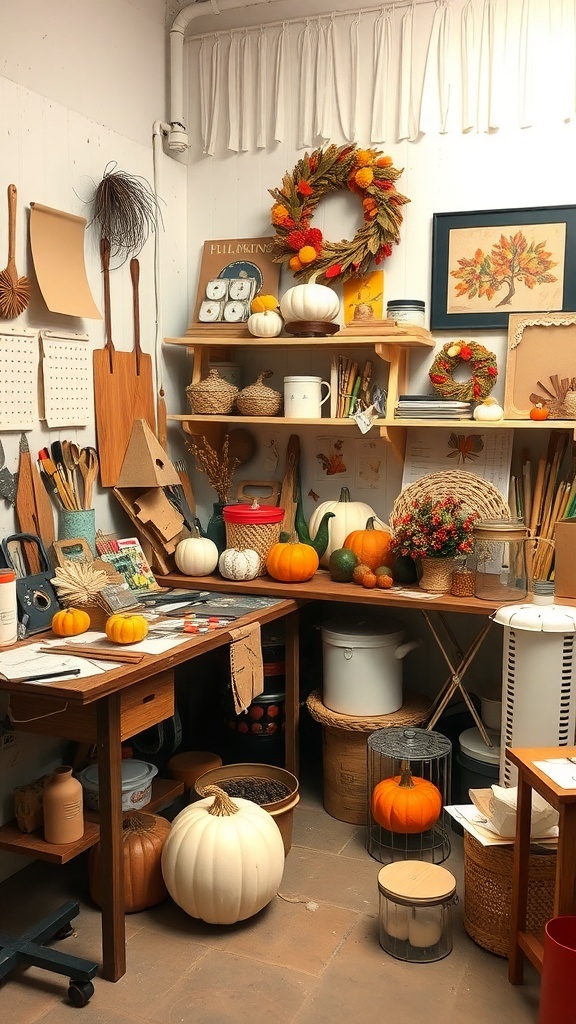 A cozy workspace filled with fall decorations, including pumpkins, a wreath, and crafting materials.