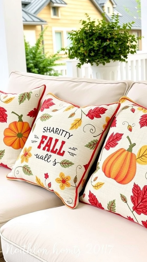 Outdoor pillows with fall themes, featuring pumpkins and leaves.