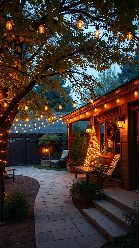 Outdoor space decorated with fall-themed string lights and a cozy atmosphere