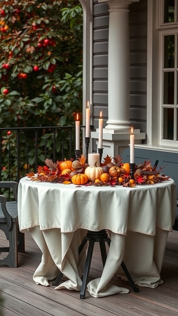 A fall-themed table centerpiece with pumpkins, candles, and autumn leaves on a porch.