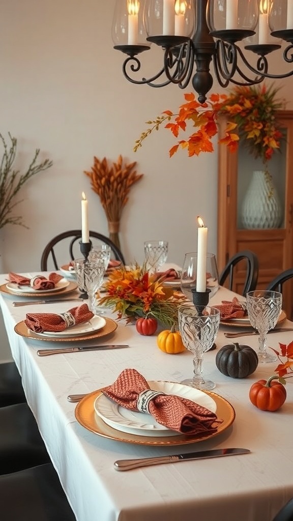 A fall-themed table setting with elegant plates, folded napkins, candles, and autumn decorations.