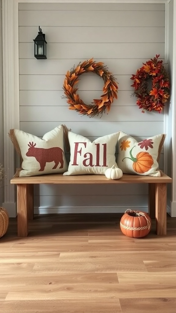A cozy bench with fall-themed throw pillows featuring a reindeer, pumpkin, and the word 'Fall', surrounded by autumn wreaths and decorative pumpkins.