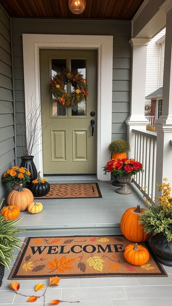 A fall-themed welcome mat with autumn leaves and the word 'WELCOME' on a porch decorated with pumpkins and flowers.
