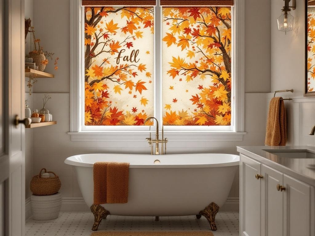 A bathroom with fall-themed window shades featuring autumn leaves in warm colors.