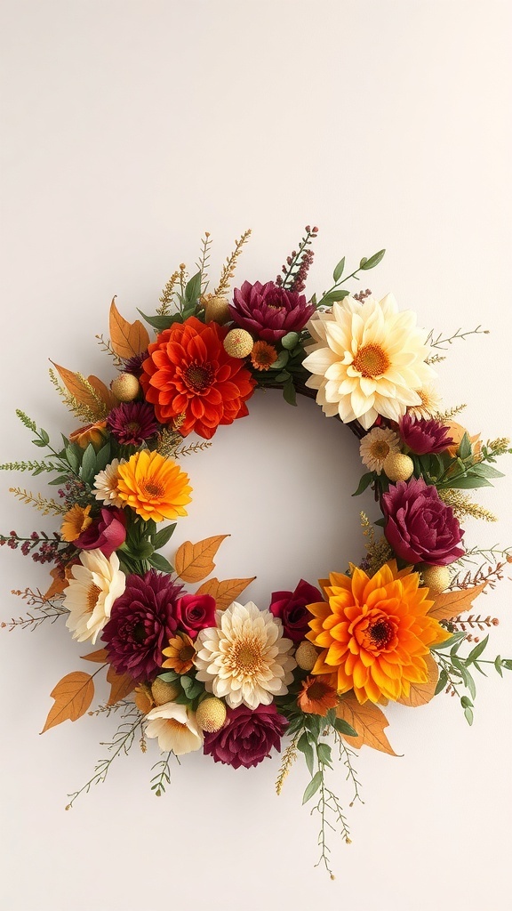 A vibrant fall floral arrangement wreath featuring dahlias, sunflowers, and autumn leaves.