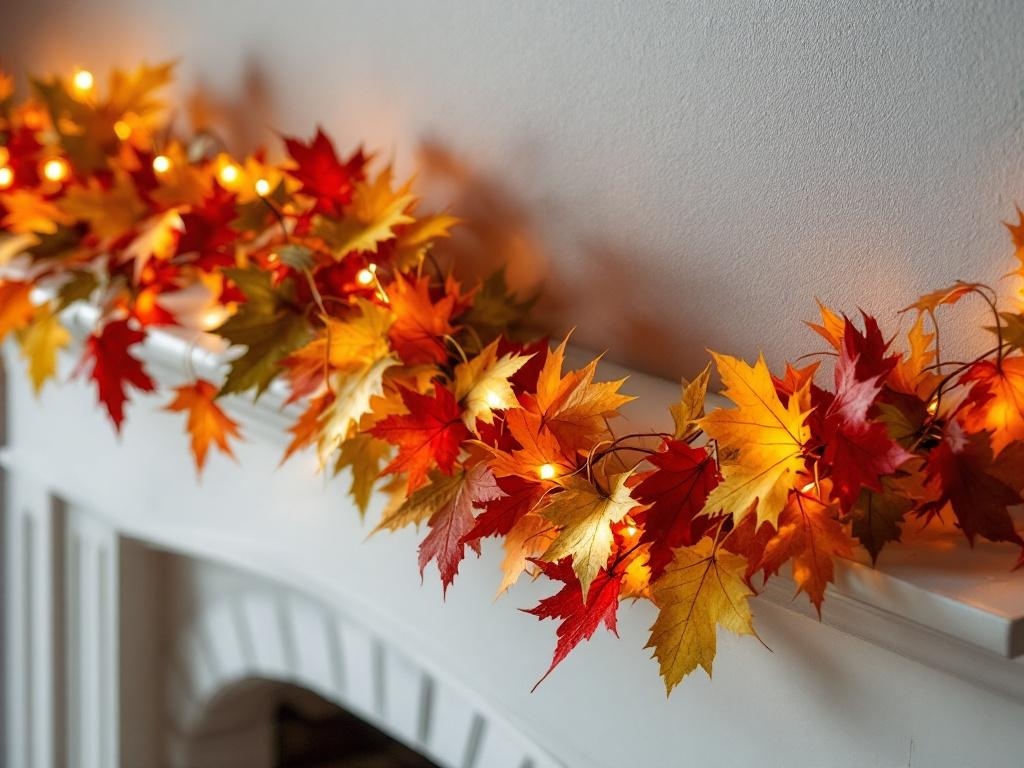 A garland of fall leaves with lights draped over a white mantel