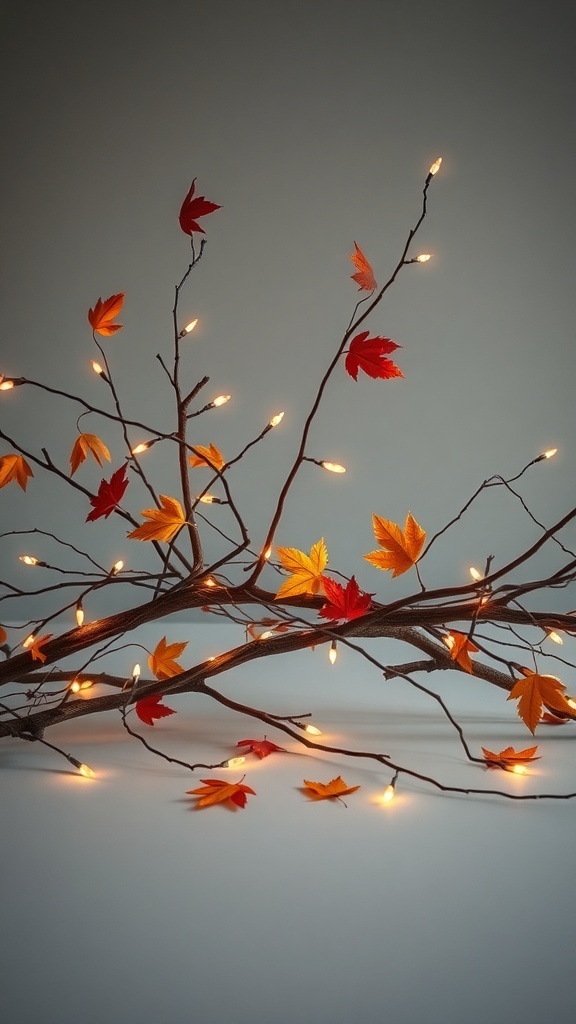 A decorative display of fallen branches with colorful leaves and fairy lights.
