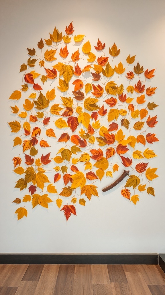 Art display made of colorful fallen leaves arranged in a tree shape on a white wall.