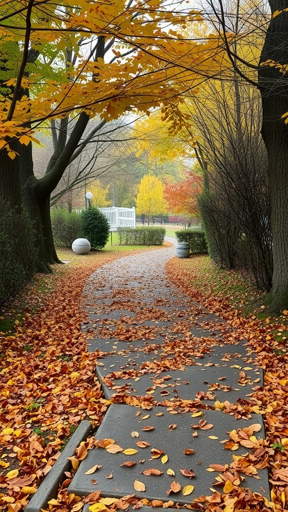 A winding pathway covered in colorful fallen leaves, surrounded by trees with autumn foliage.