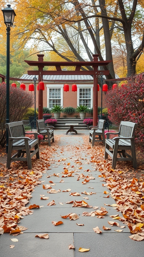 A pathway covered with fallen leaves, flanked by benches and trees in autumn colors.