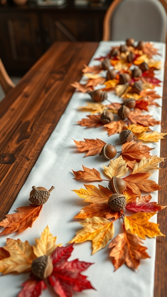 A table runner with fallen leaves and acorns arranged on it.