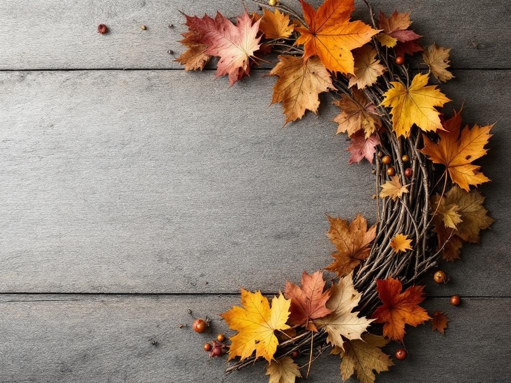 A wreath made of fallen leaves and twigs on a wooden surface