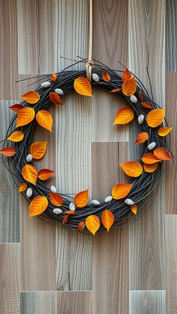 A wreath made of twigs and orange leaves, hanging on a wooden background.
