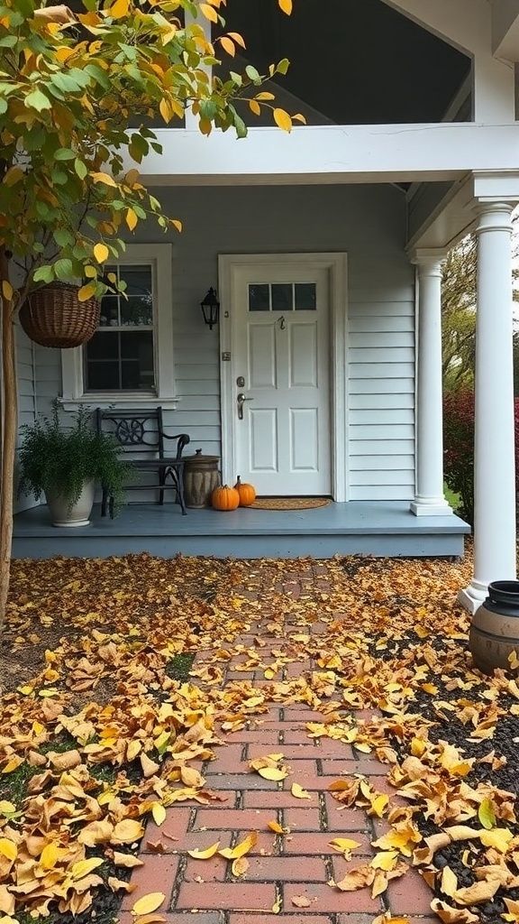 A porch with a brick pathway covered in fallen leaves, featuring pumpkins and a cozy seating area.