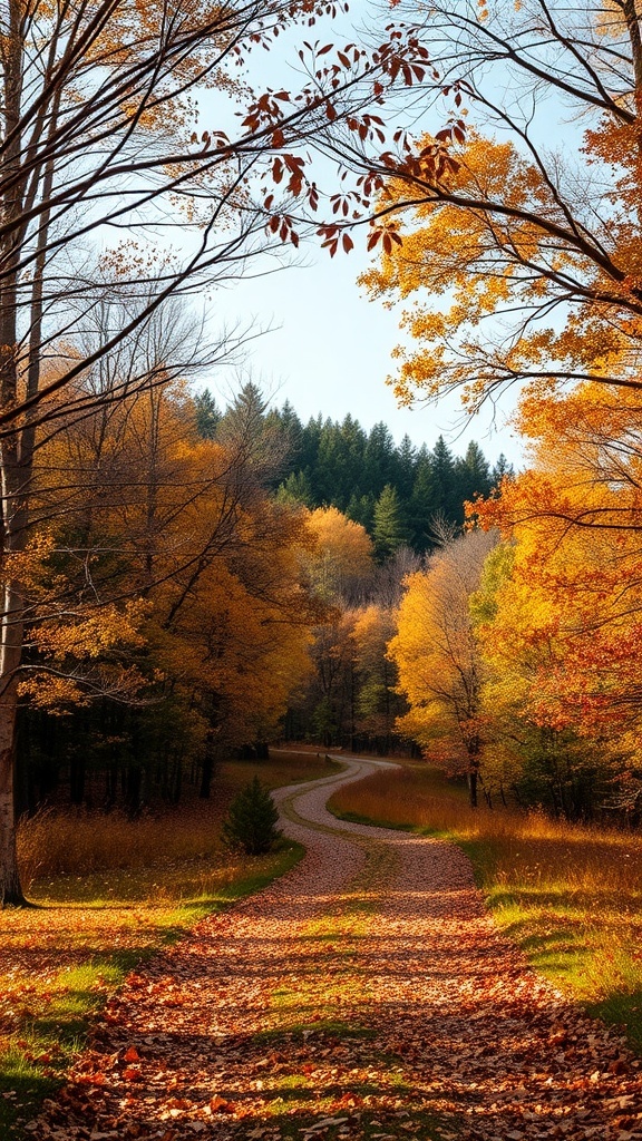 A winding path through trees with colorful autumn leaves.