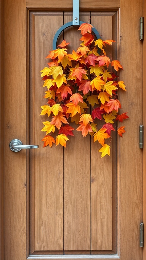 A door hanger decorated with vibrant autumn leaves in shades of red, orange, and yellow, hanging on a wooden door.