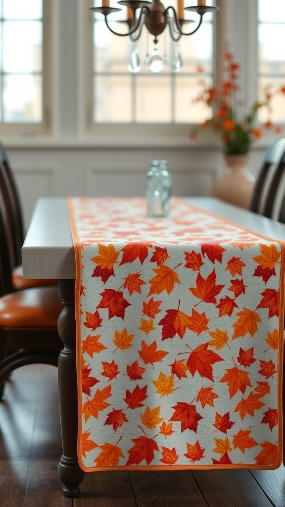 A table with a falling leaves table runner featuring vibrant orange and red leaves.