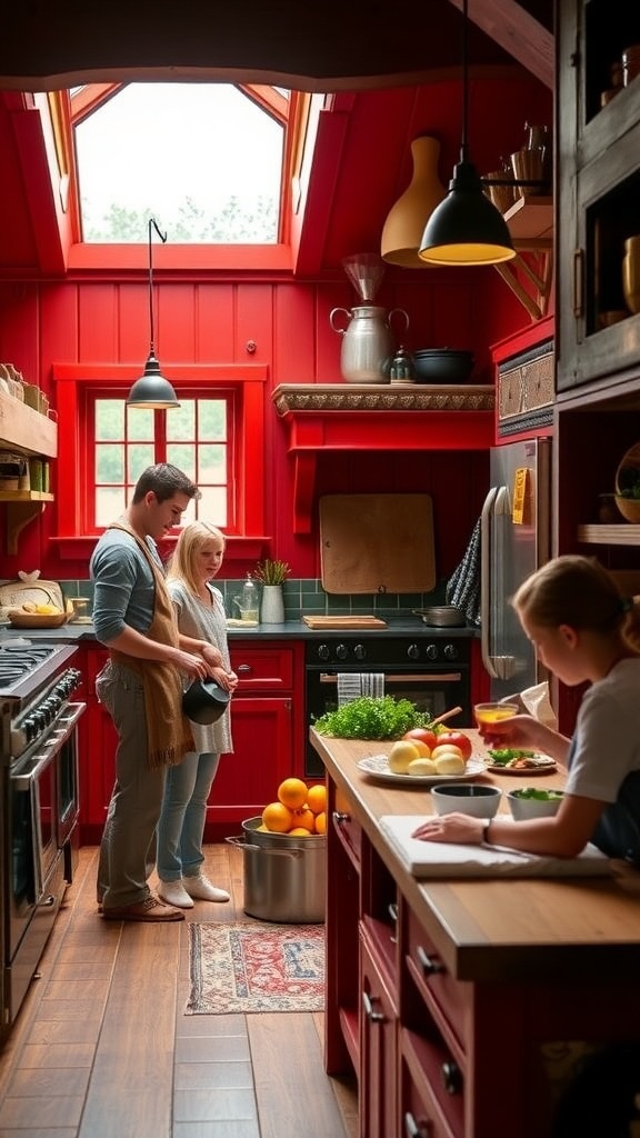 A cozy red farmhouse kitchen with a woman cooking, filled with fresh fruits and a warm atmosphere.