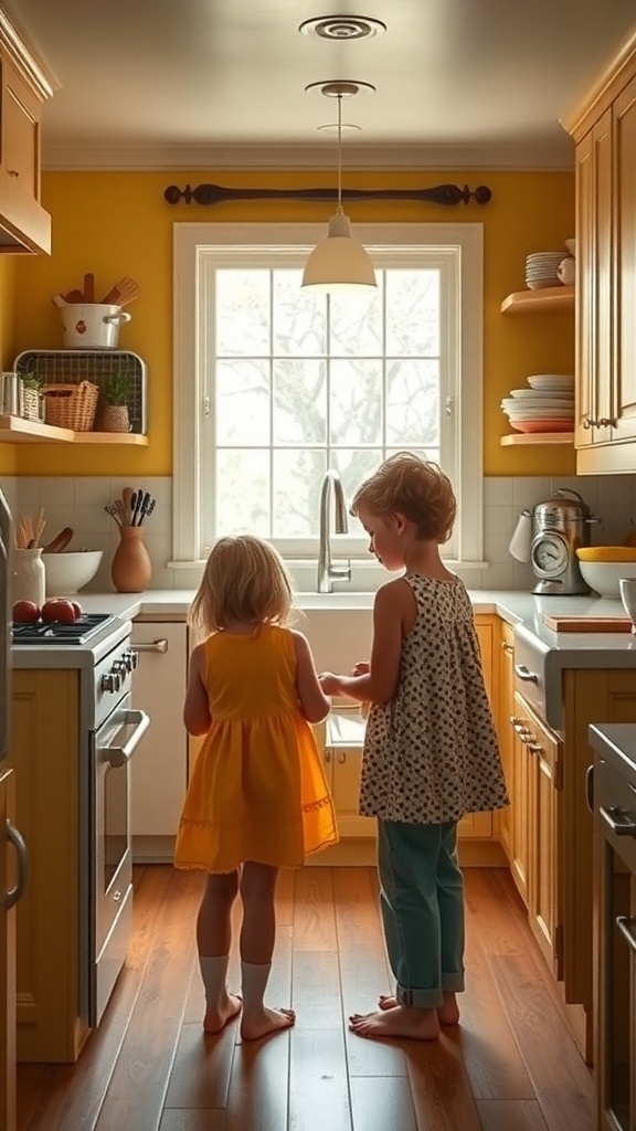 A bright yellow farmhouse kitchen with two children standing by the sink.