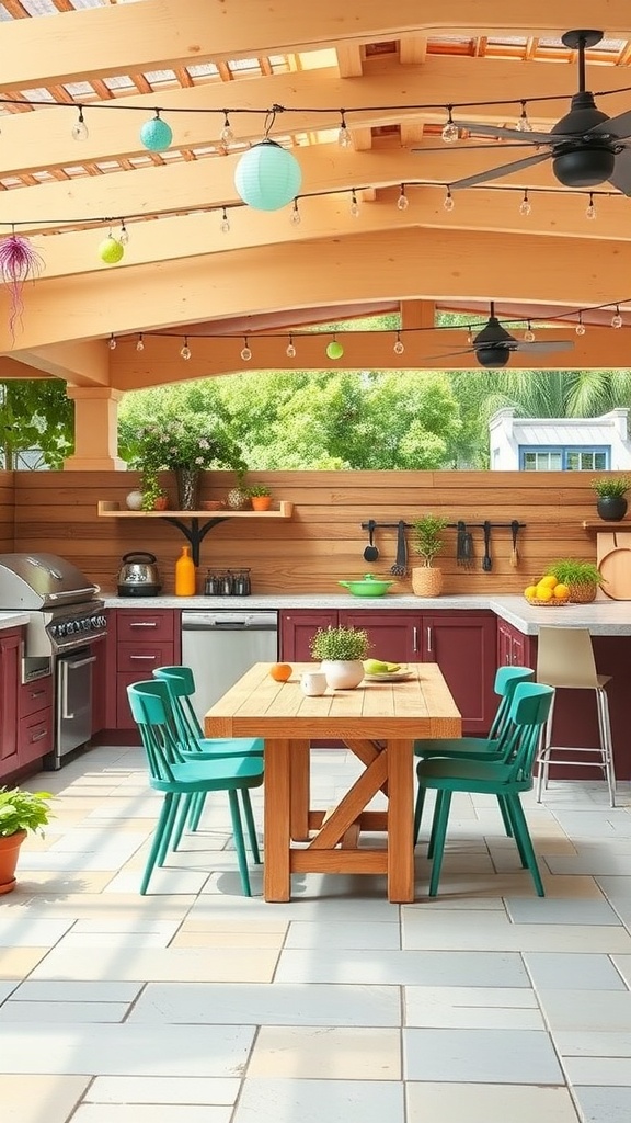 A vibrant outdoor kitchen with a wooden table, colorful chairs, and a grill, surrounded by greenery.