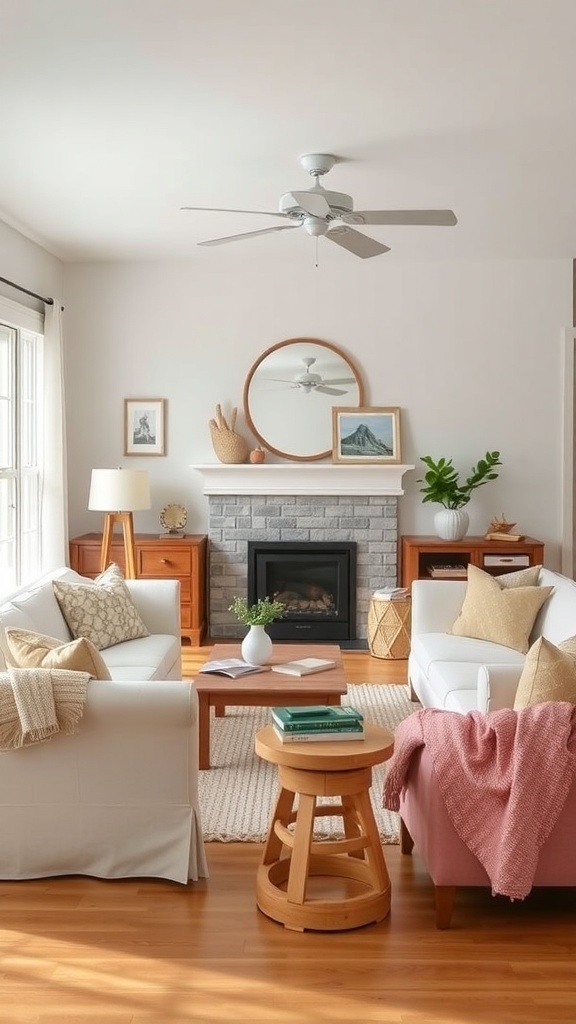 A cozy farmhouse living room with light-colored sofas, a wooden coffee table, and decorative pillows.