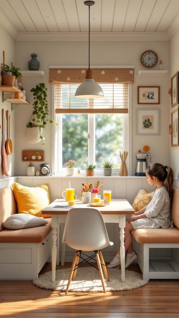 A cozy family-friendly kitchen nook with a table, soft seating, and natural light.