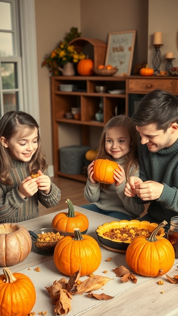 A family enjoying fall activities at home with pumpkins and autumn decorations.