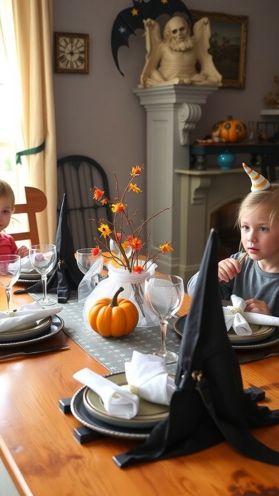 A festive Halloween table setting featuring colorful pumpkins, flowers, and playful decorations.