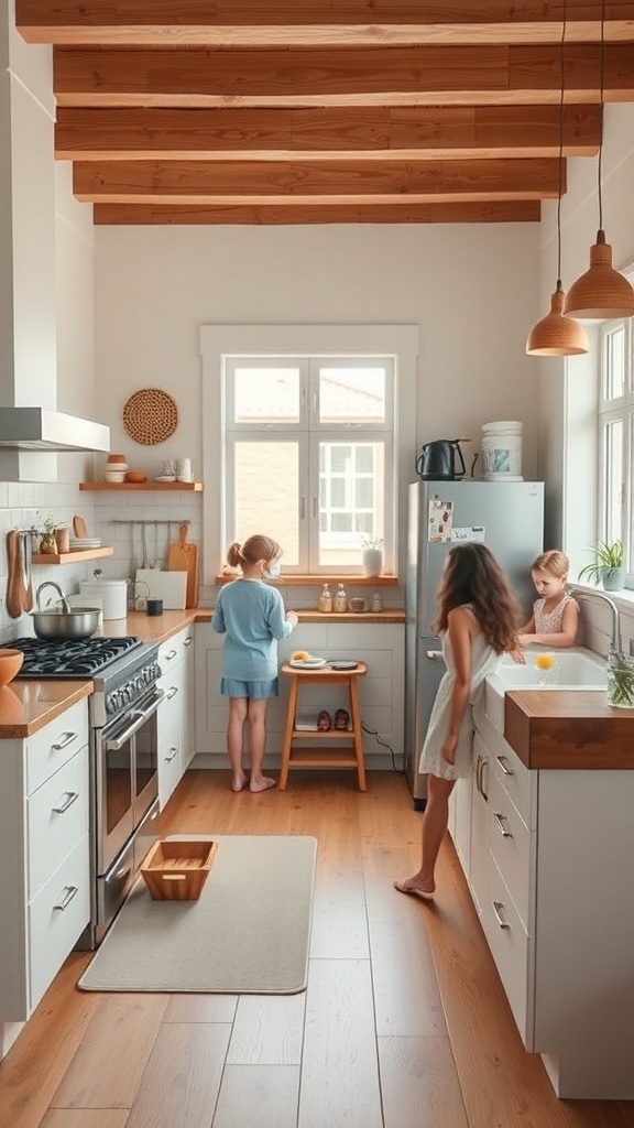 A bright farmhouse kitchen with children engaged in activities.