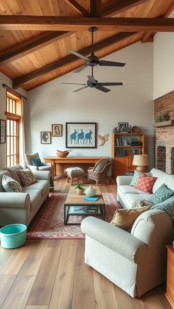A cozy rustic living room with leather sofas, a round coffee table, and a playful dog.
