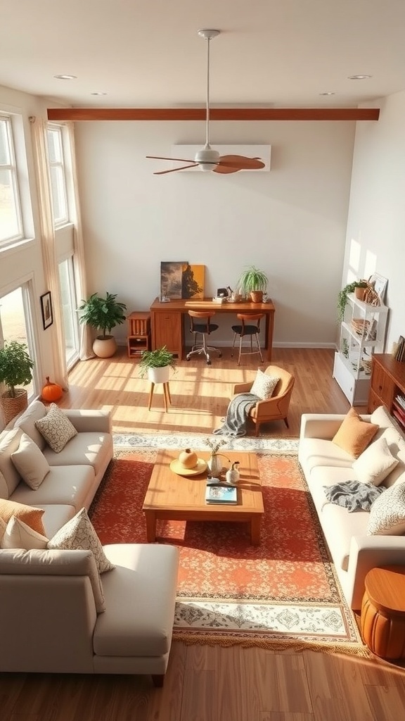 Cozy modern farmhouse living room with open layout and comfortable seating.