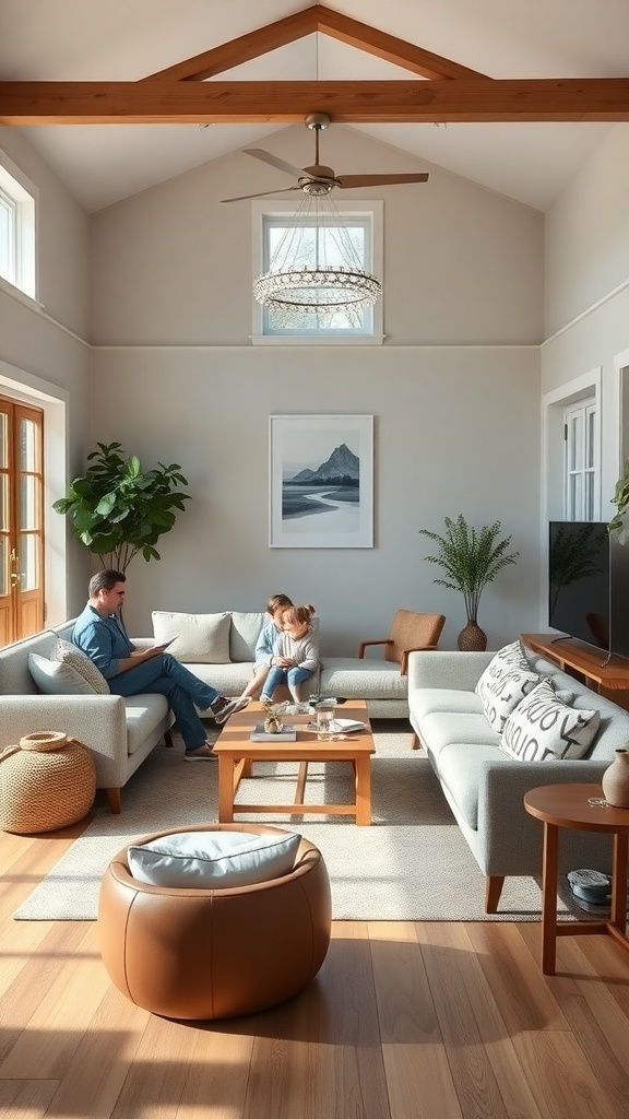 A modern cottage living room with a family-friendly layout, featuring comfortable seating and a warm atmosphere.