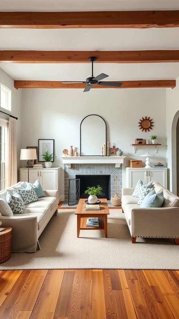 Contemporary farmhouse living room with cozy seating and a central coffee table.