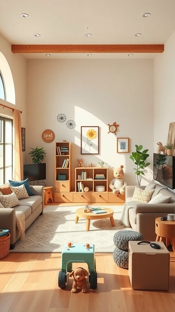 A family-friendly living room with soft furniture, a play area, and cheerful decor.